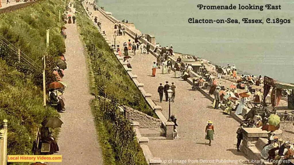 Closeup from people at the beach in an old photo of the view looking East of the promenade at Clacton-on-Sea, Essex, in the 1890s