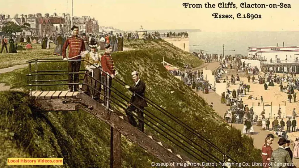 Closeup of an old photo of soldiers at the seaside, Clacton-on-Sea, Essex, in the 1890s