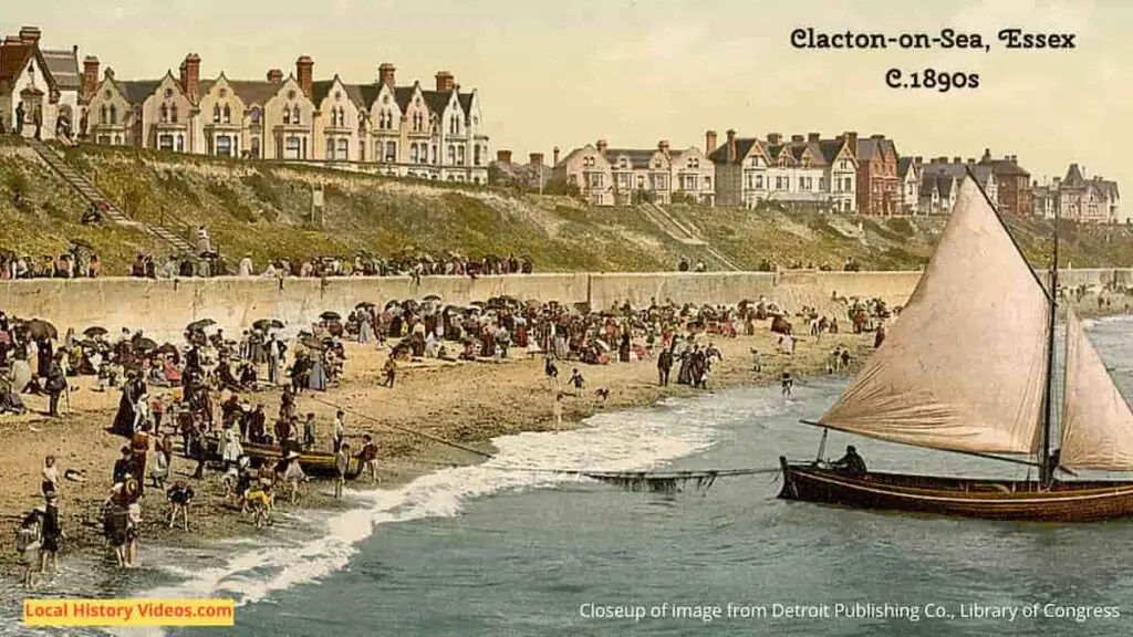 Closeup of an old photo of the beach and houses at Clacton-on-Sea, Essex, in the 1890s
