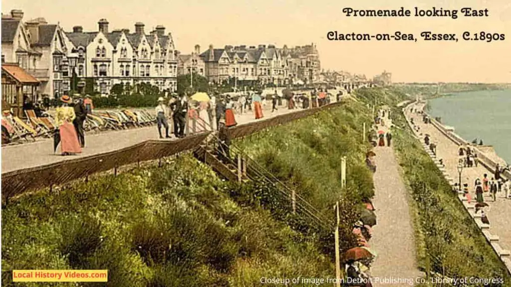 Closeup of an old photo of the view looking East of the promenade at Clacton-on-Sea, Essex, in the 1890s
