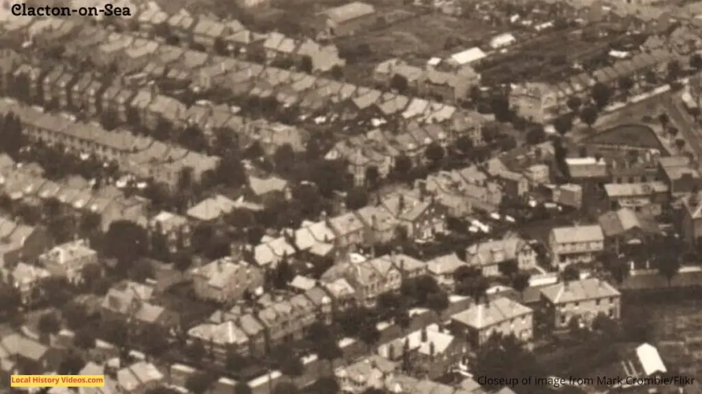 Closeup of an old photo postcard of Clacton-on-Sea from the air