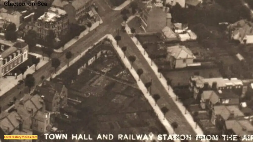 Closeup of an old photo postcard showing Clacton-on-Sea from the air