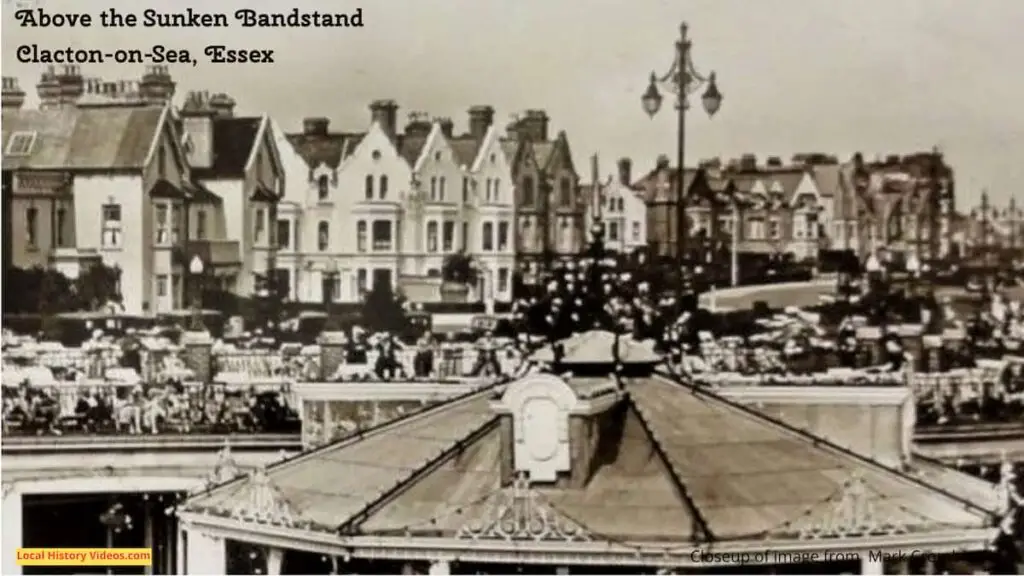 Closeup of properties in an old photo postcard of the Sunken Bandstand at Clacton-on-Sea, Essex, England