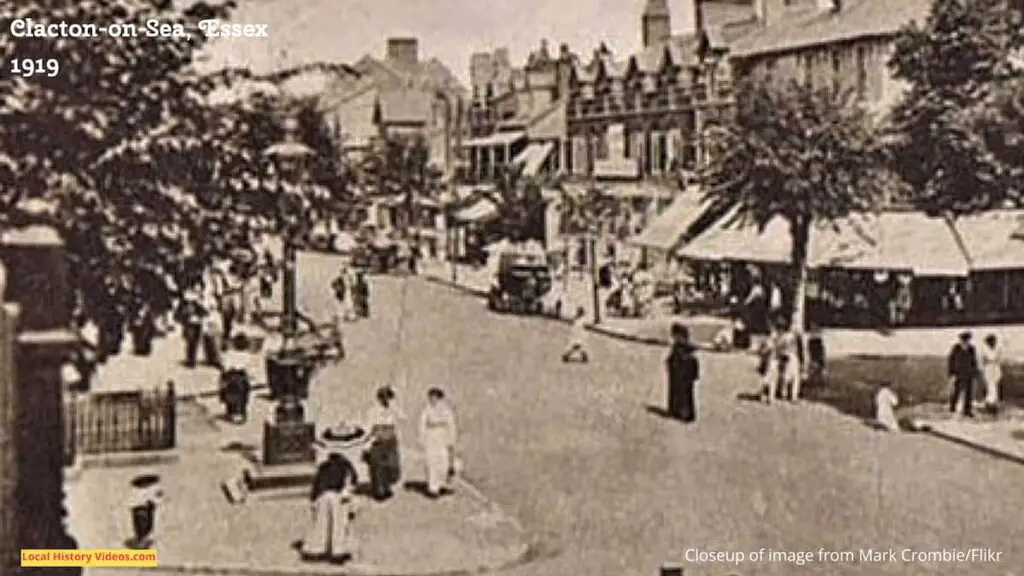 Closeupf of an old photo postcard of Station Road and Pier Avenue, Clacton-on-Sea, Essex, circa 1919