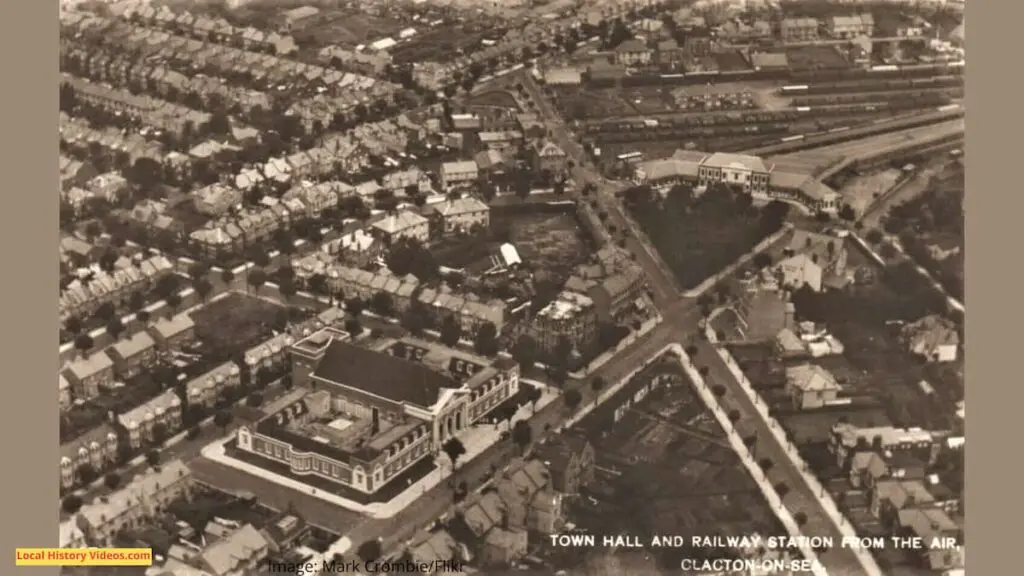 Old Photo postcard of Clacton-on-Sea from the air, including the Town Hall and Railway Station