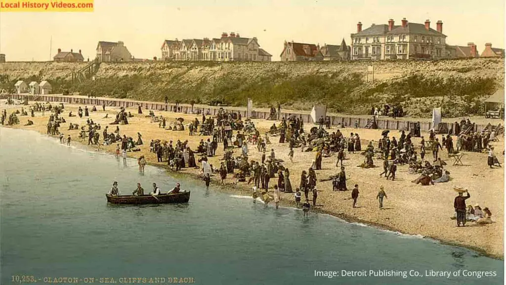 Old photo of the busy beach and houses along the seafront at Clacton-on-Sea, Essex, in the 1890s