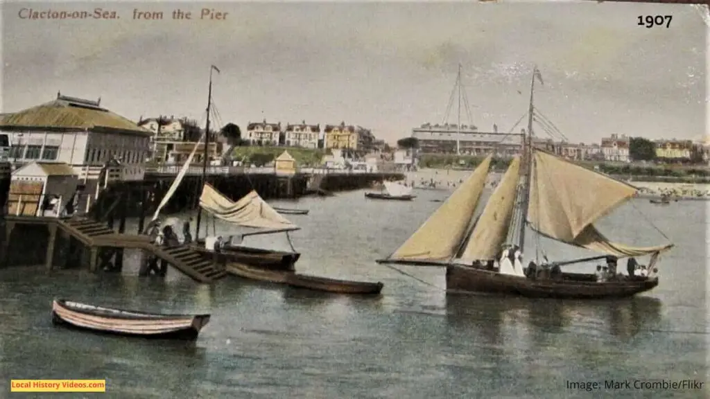 Old photo postcard of Clacton-on-Sea, Essex, circa 1907, taken from the pier