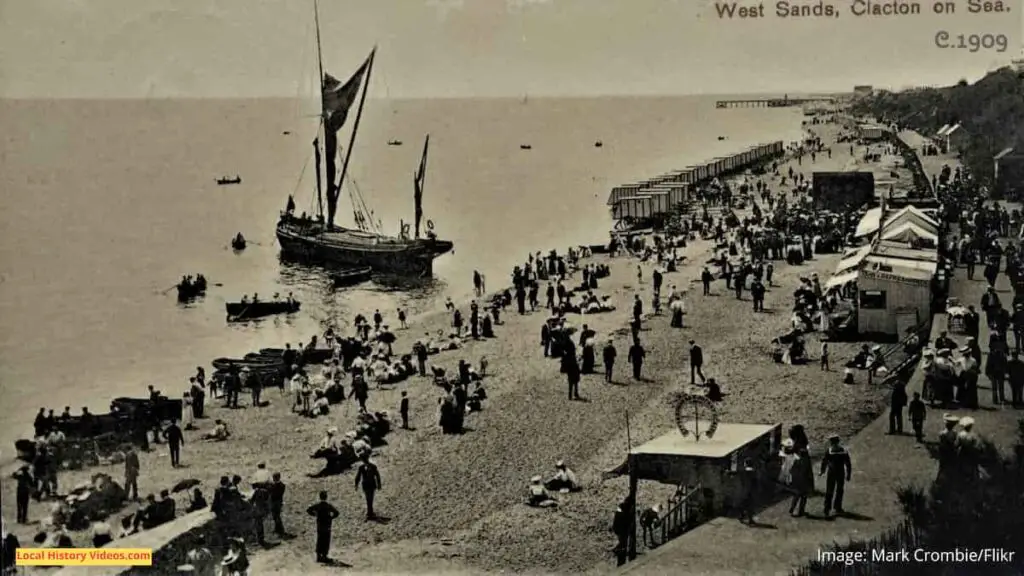 Old photo postcard of West Sands at Clacton-on-Sea, Essex, circa 1909