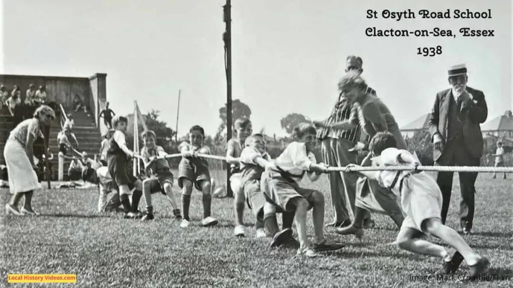 Old photo postcard of a Tug-of-war game at St Osyth Road School, Clacton-on-Sea, Essex, in 1938