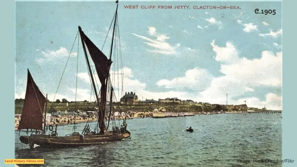 Old photo postcard of a boat at West Cliff, from the Jetty at Clacton-on-Sea, Essex, circa 1905
