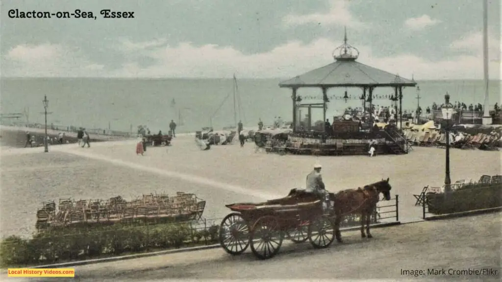 Old photo postcard of a carriage and deckchairs at the seafront, Clacton-on-Sea, Essex