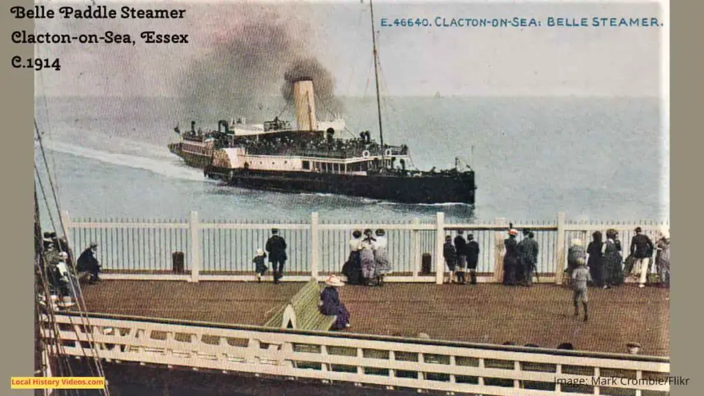 Old photo postcard of the Belle Paddle Steamer at Clacton-on-Sea, Essex, circa 1914
