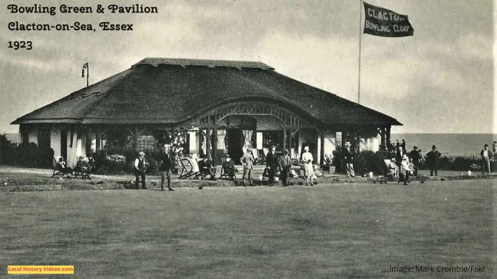Old photo postcard of the Bowling Green & Pavilion at Clacton-on-Sea, Essex, circa 1923