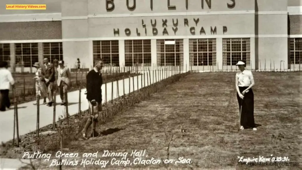 Old photo postcard of the Putting Green and Dining Hall at Butlin's Luxury Holiday Camp, Clacton-on-Sea