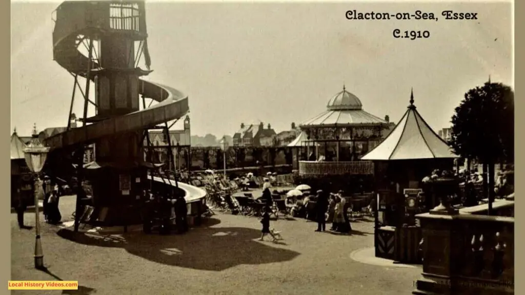 Old photo postcard of the fairground at Clacton-on-Sea, Essex, circa 1910