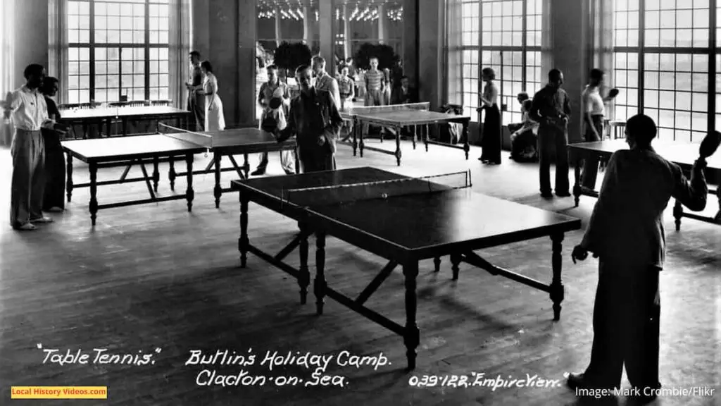 Old photo postcard of the table tennis room at Butlin's Holiday Camp in Clacton-on-Sea, Essex