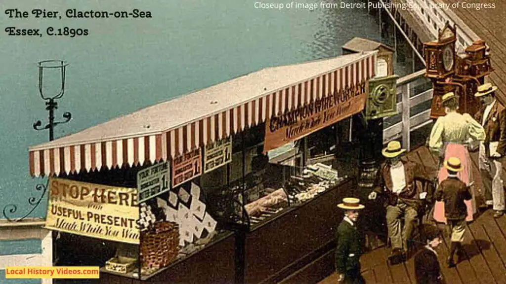 Stalls in a closeup of an old photo postcard of the end of the pier at Clacton-on-Sea, Essex, in the 1890s