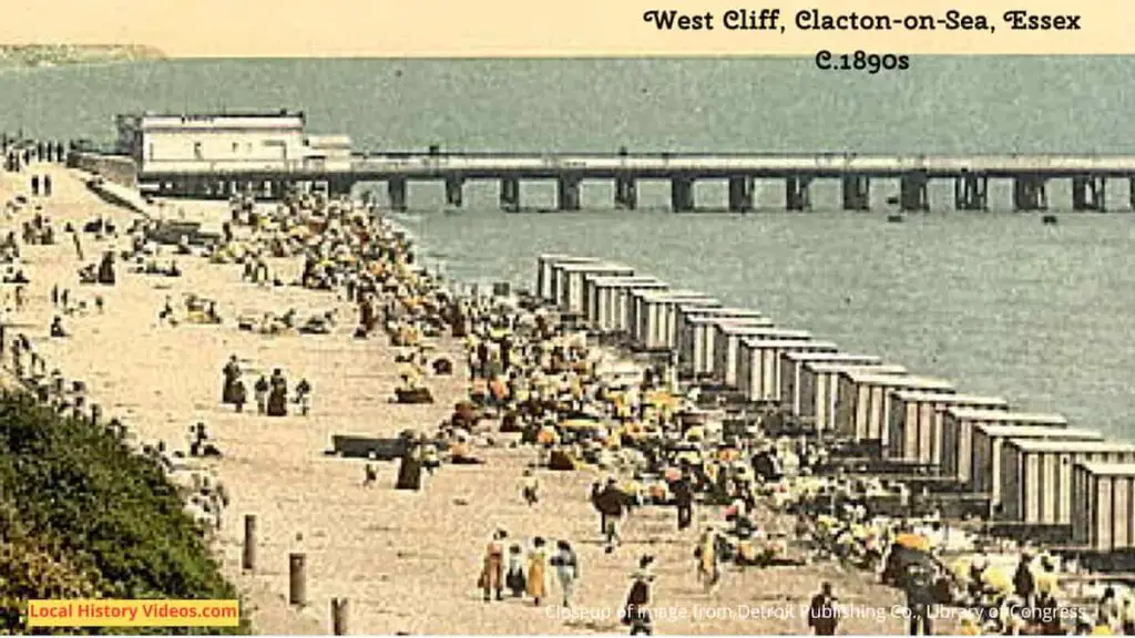 The Pier and bathing huts in an old photo postcard of West Cliff, Clacton-on-Sea, Essex, in the 1890s