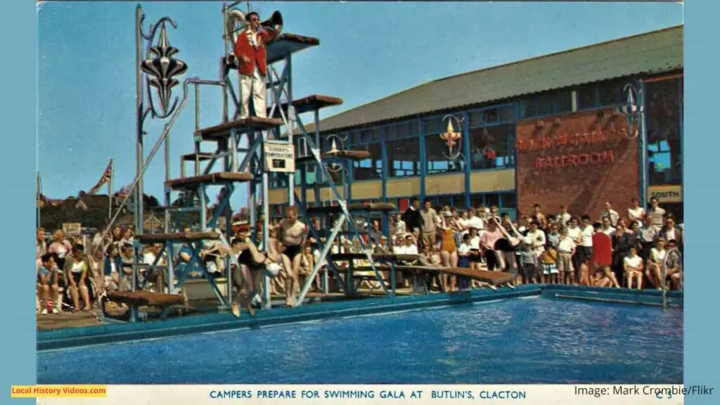 Vintage photo postcard of the Butlin's Holiday Camp swimming pool in Clacton-on-Sea, where campers prepare for the Swimming Gala