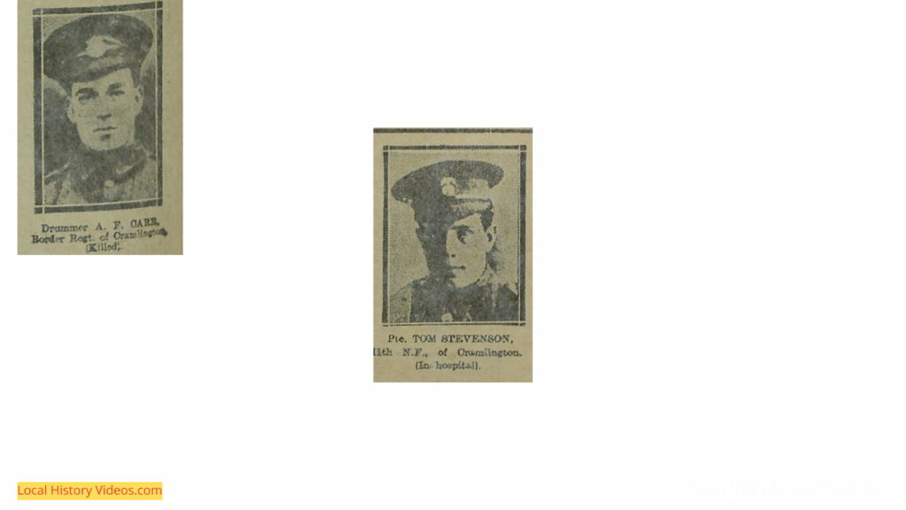Two old photos that appeared in the Illustrated Chronicle in WW1. Drummer A.F. Carr was Killed, and Private Tom Stevenson was injured.