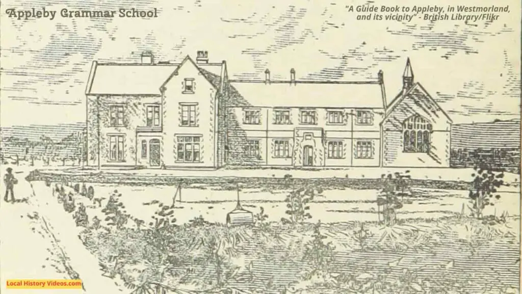 Old book illustration of Appleby Grammar School in Appleby-in-Westmorland, Cumbria, England