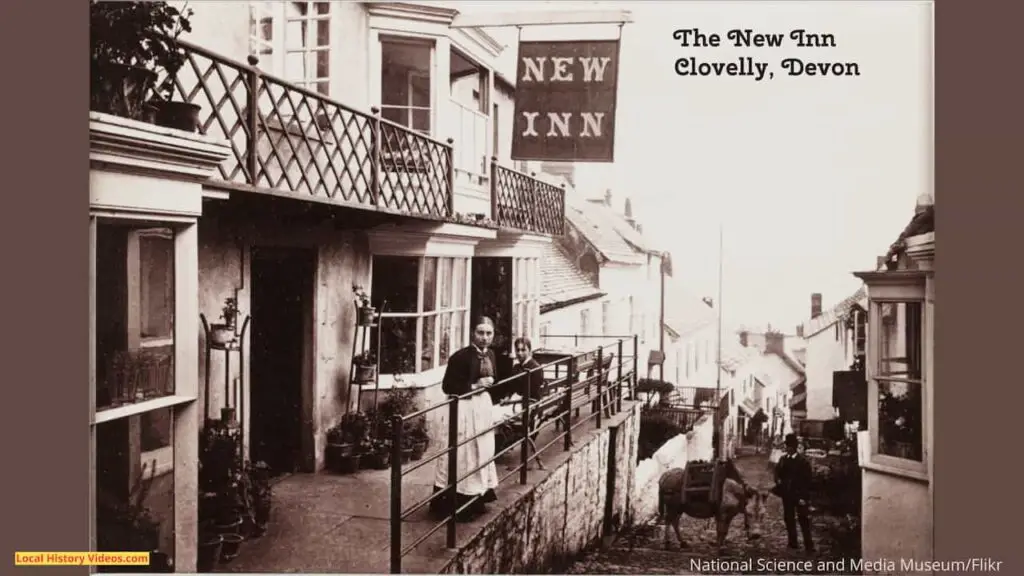 Old photo of the New Inn at Clovelly, Devon, England, circa 1880