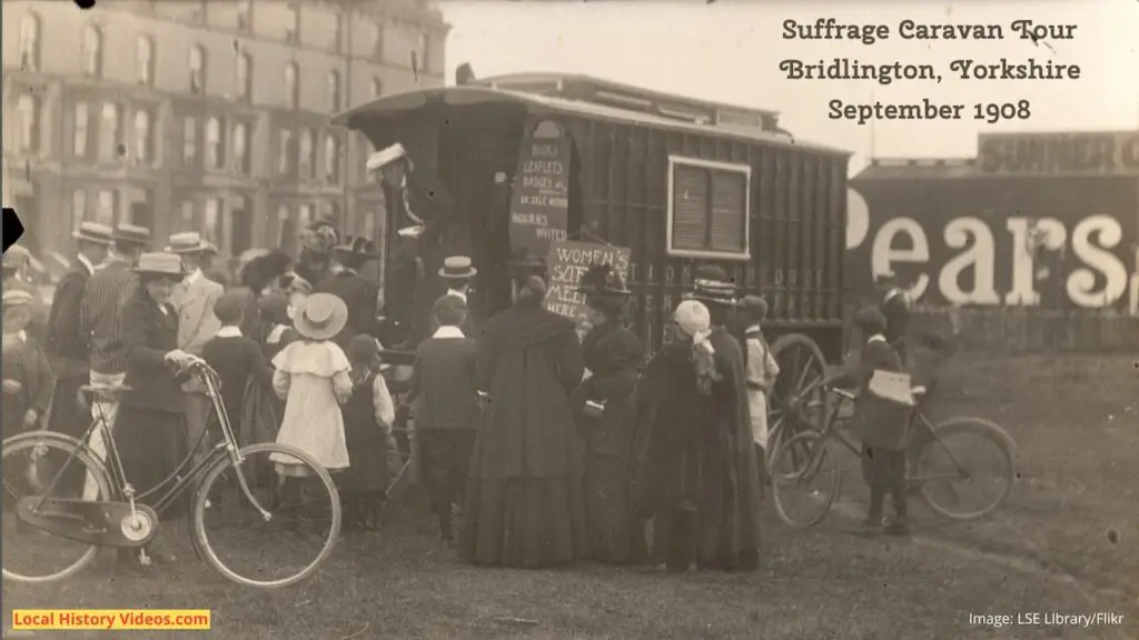 Old photo of the Suffrage Caravan Tour at Bridlington, East Riding of Yorkshire, England, in September 1908