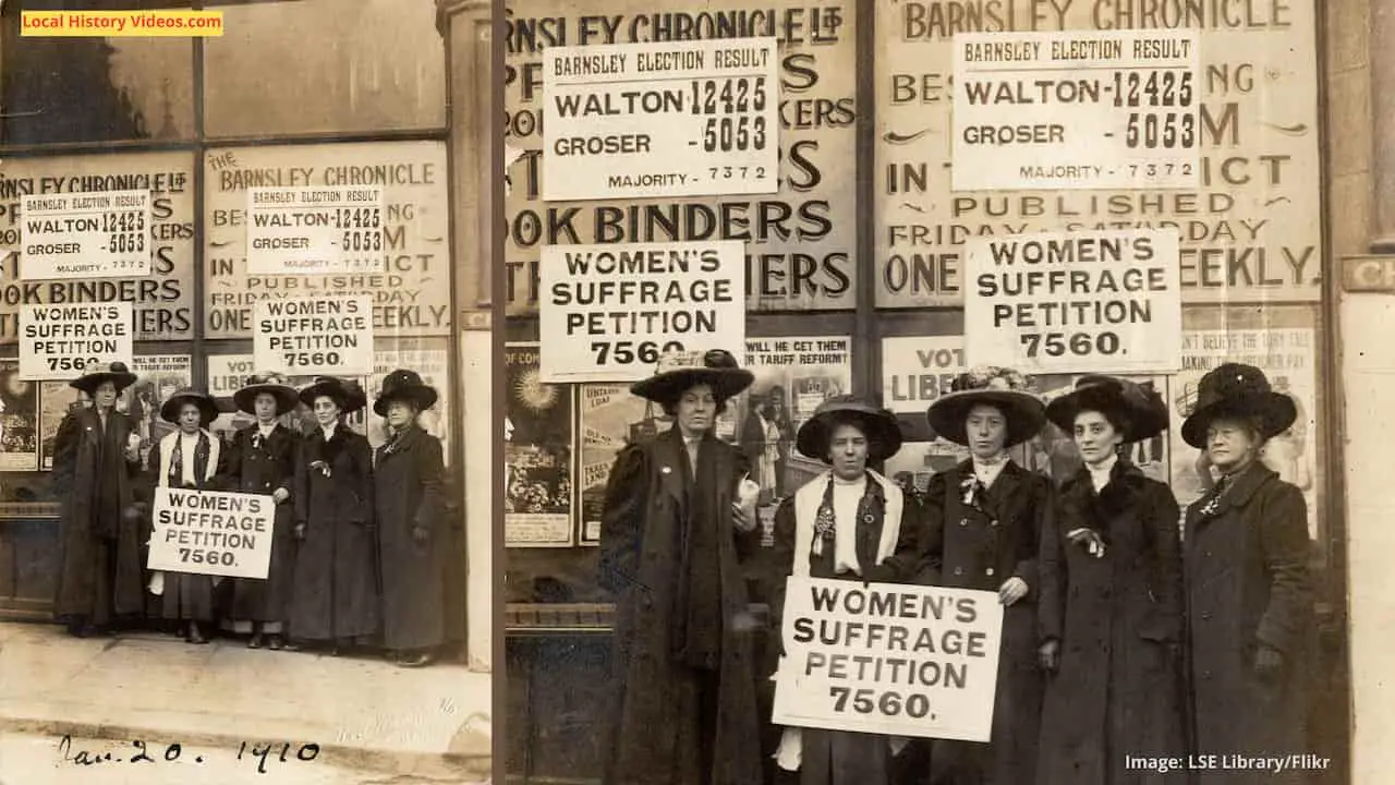 Old photo of the Women's Suffrage campaigners outside the offices of the Barnsley Chronicle, South Yorkshire, on 20 January 1910