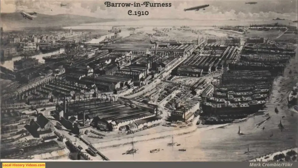 Old photo postcard, circa 1910, of an aerial view of the Vickers Armstrong Works at Barrow-in-Furness Cumbria, England
