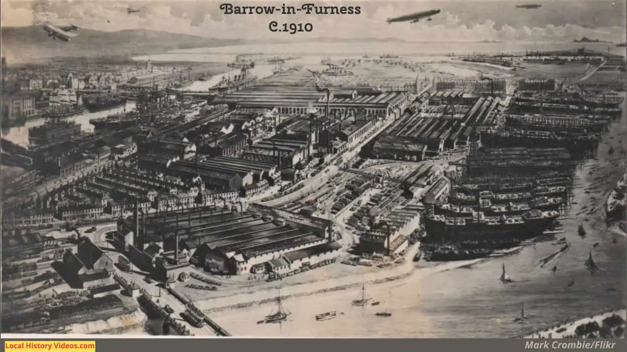 Old photo postcard, circa 1910, of an aerial view of the Vickers Armstrong Works at Barrow-in-Furness Cumbria, England