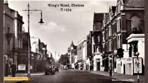 Old photo postcard of King's Road in Chelsea, London, England, circa 1954