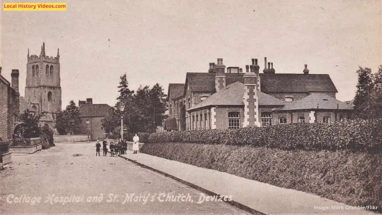 Old photo postcard of the Cottage Hospital and St Mary's Church at Devizes, Wiltshire, England