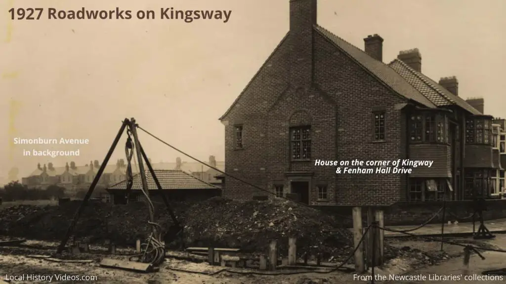 1927 photo of roadworks on Kingsway at the junction with Fenham Hall Drive, with Simonburn Avenue visible in the background