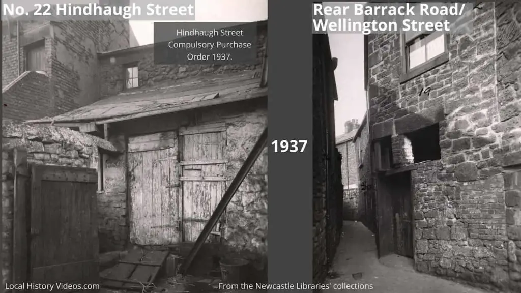 1937 photos of the condemned house at 22 Hindhaugh Street and the rear of Barrack Road and Wellington Street, Fenham, Newcastle upon Tyne