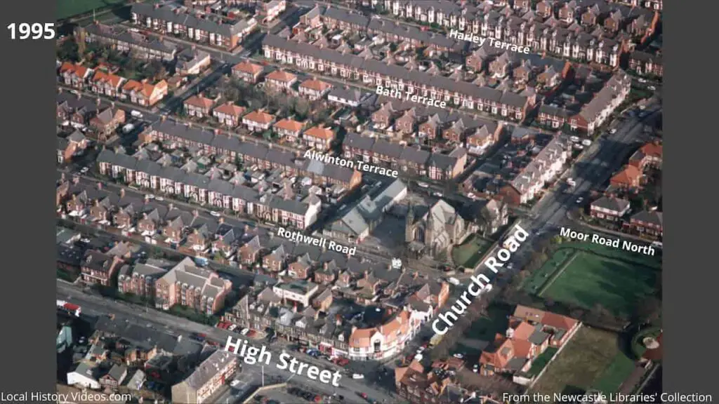 1995 aerial photo of Church Road and nearby terraces in Gosforth, Newcastle upon Tyne