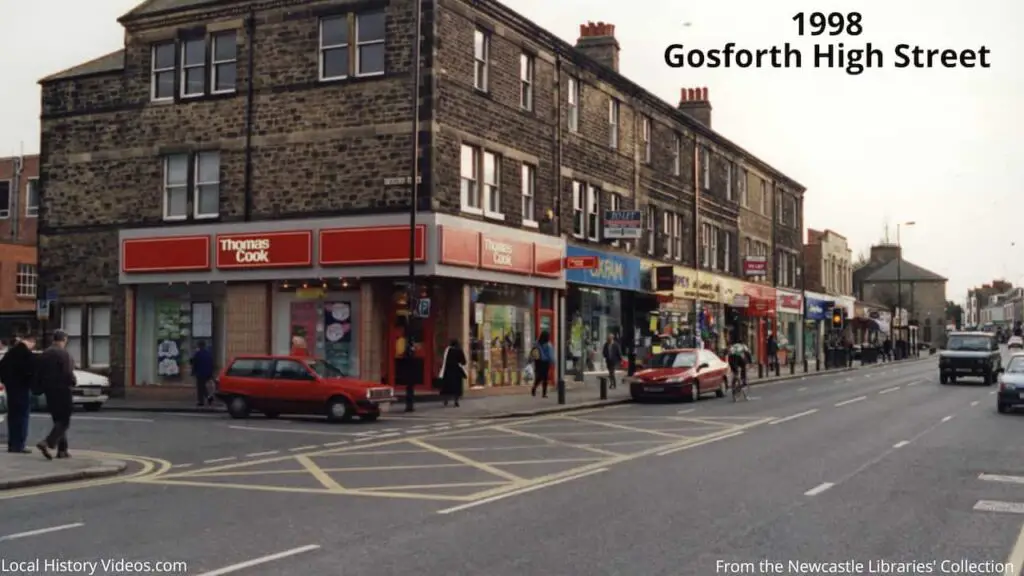 1998 photo of Thomas Cook, Oxfam, and Thorpes on Gosforth High Street