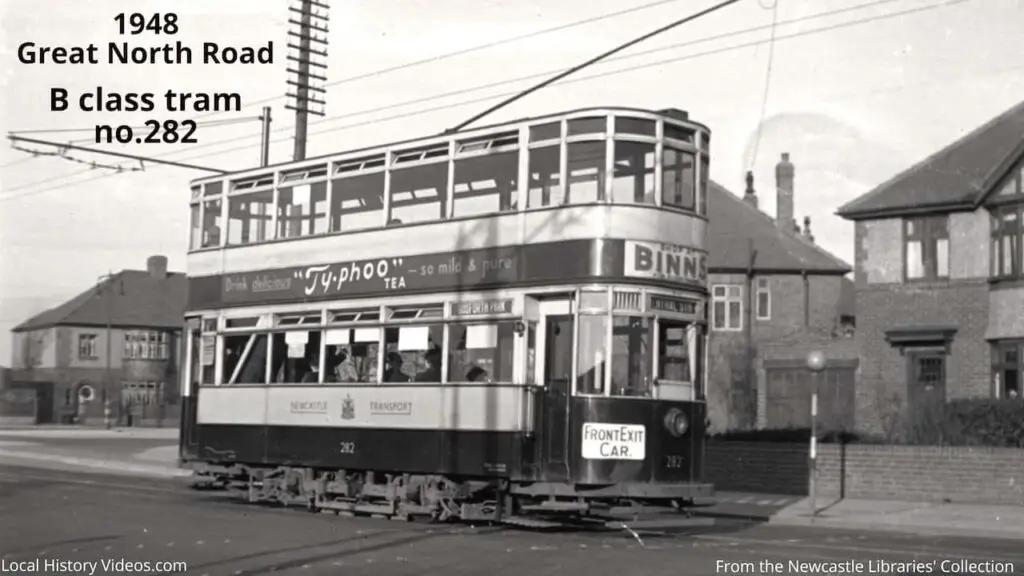 B Class Tram number 282 travelling along the Great North Road, Newcastle upon Tyne, in 1948