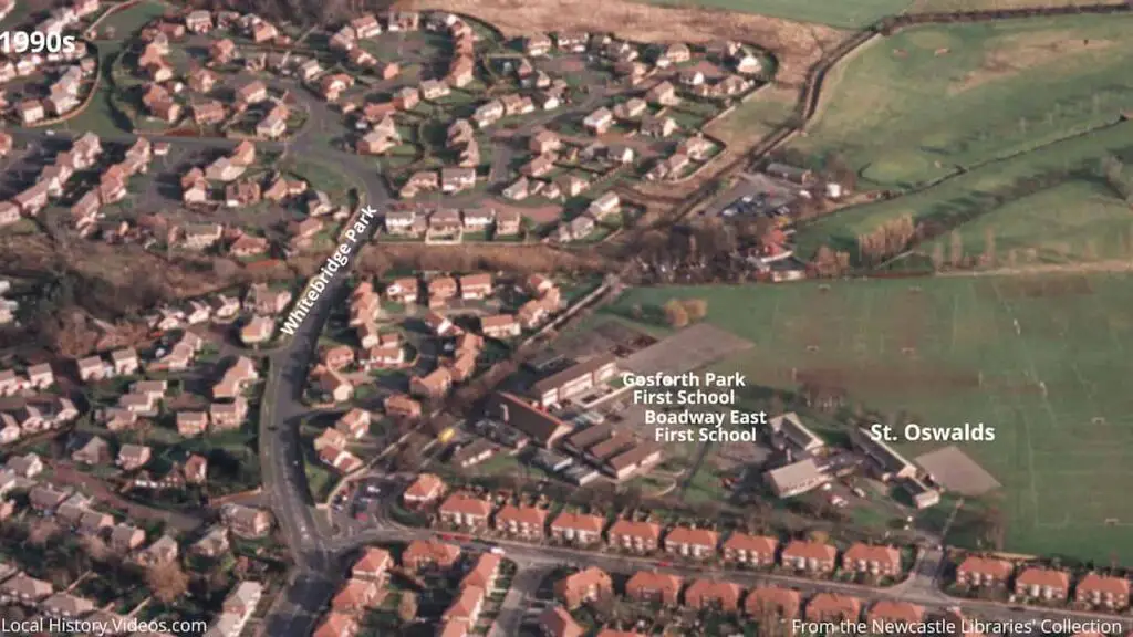 Closeup of a 1990s aerial photo of Gosforth Park First School and Whitebridge Park, Gosforth, Newcastle upon Tyne