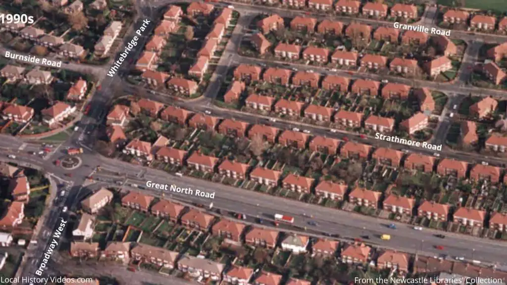 Closeup of a 1990s aerial photo of Granville Road and Stratmore Road in Gosforth, Newcastle upon Tyne