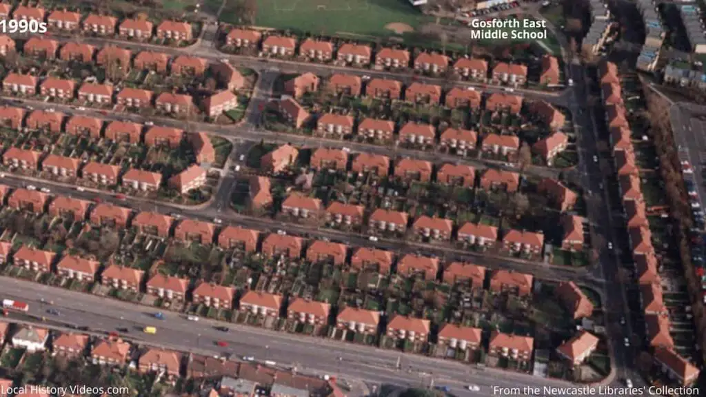 Closeup of a 1990s aerial photo of housing close to Great North Road, Gosforth, Newcastle upon Tyne