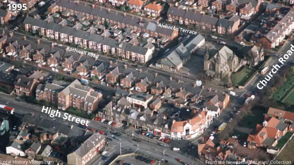 Closeup of a 1990s aerial photo showing the junction of the High Street and Church Street, Gosforth, Newcastle upon Tyne
