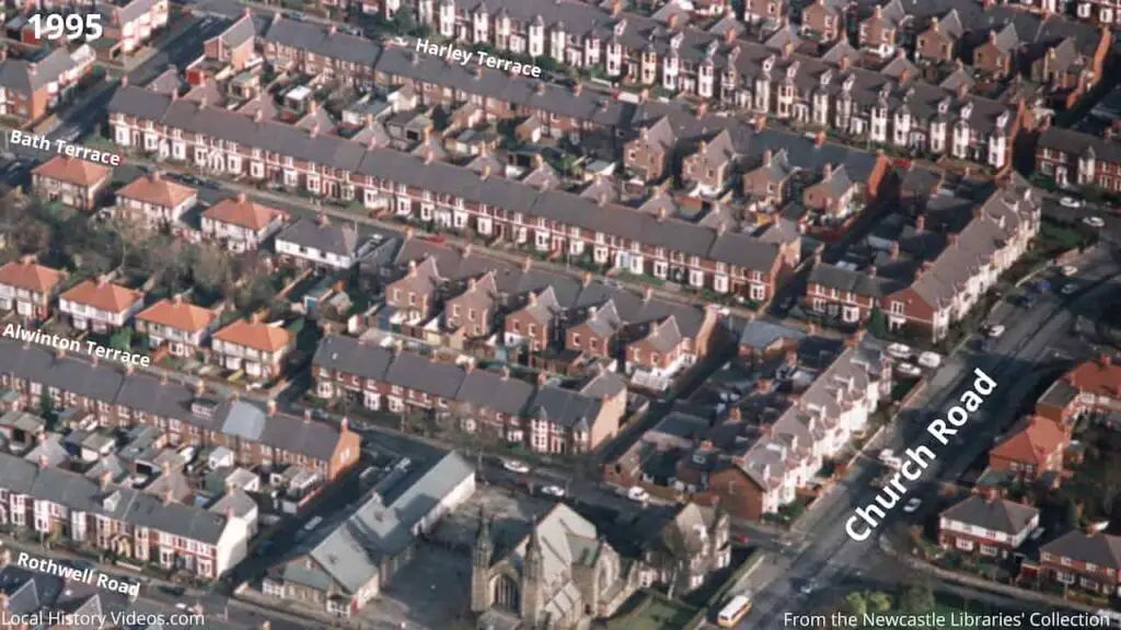 Closeup of a 1995 aerial photo of Alwinton Terrace, Bath Terrace, and Harley Terrace, in Gosforth, Newcastle upon Tyne