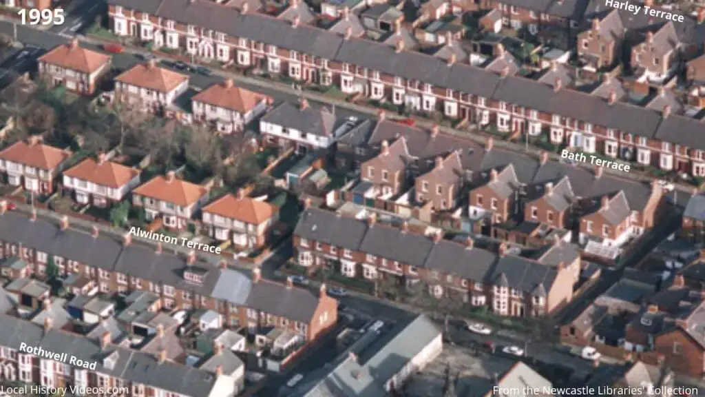 Closeup of a 1995 aerial photo of Bath Terrace and Alwinton Terrace, Gosforth, Newcastle upon Tyne