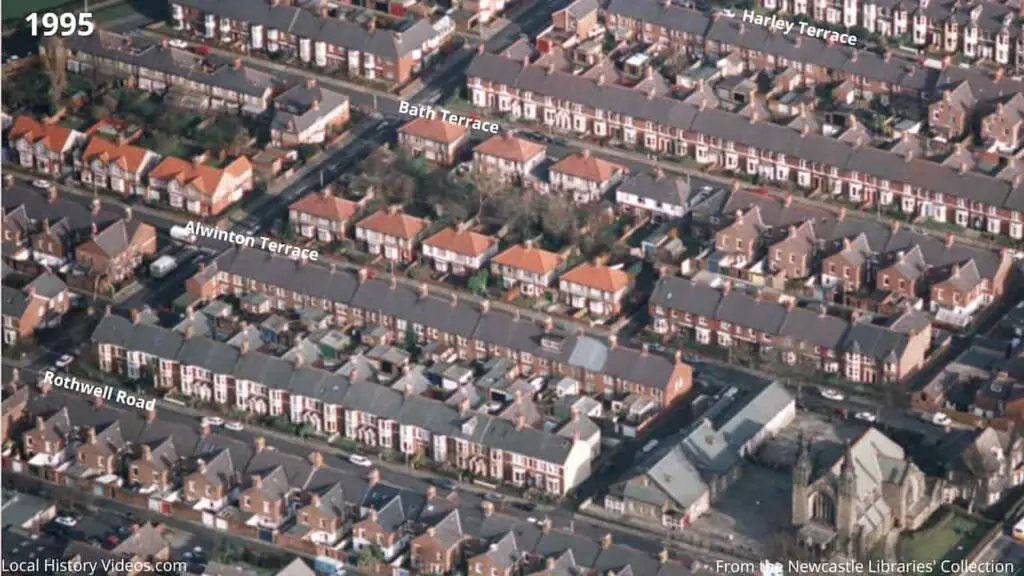 Closeup of a 1995 aerial photo of Bath Terrace and Alwinton Terrace in Gosforth, Newcastle upon Tyne