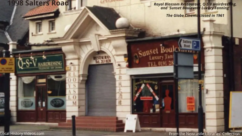 Closeup of a 1998 photo of QSV Hairdressing salon, Royal Blossom resturant entrance, and Sunset Boulevard tanning salon on Salters Road, Gosforth, Newcastle upon Tyne
