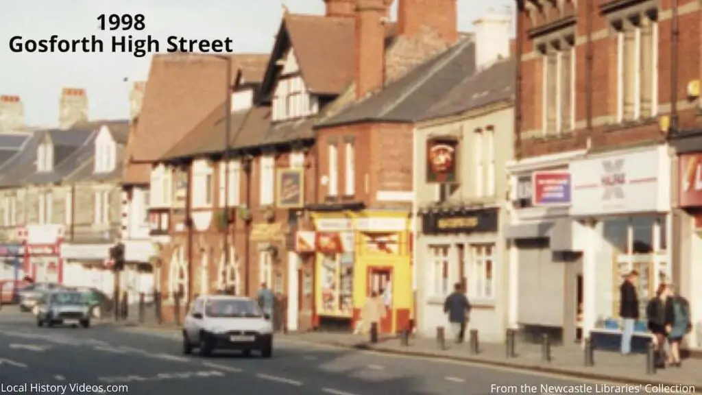 Closeup of a 1998 photo of the shops and pubs near the Church Road and Gosforth High Street junction