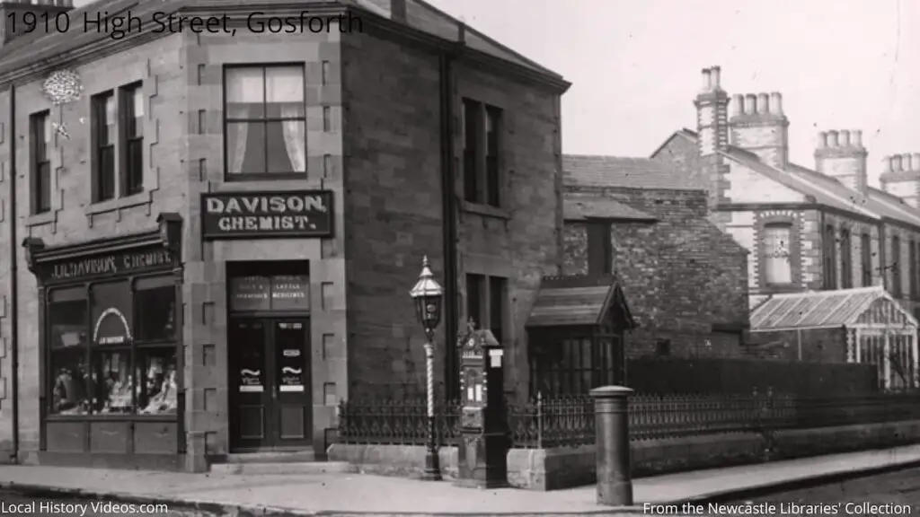 Closeup of an old photo of Davison's Chemist, Gosforth High Street, Gosforth, Newcastle upon Tyne, in 1910