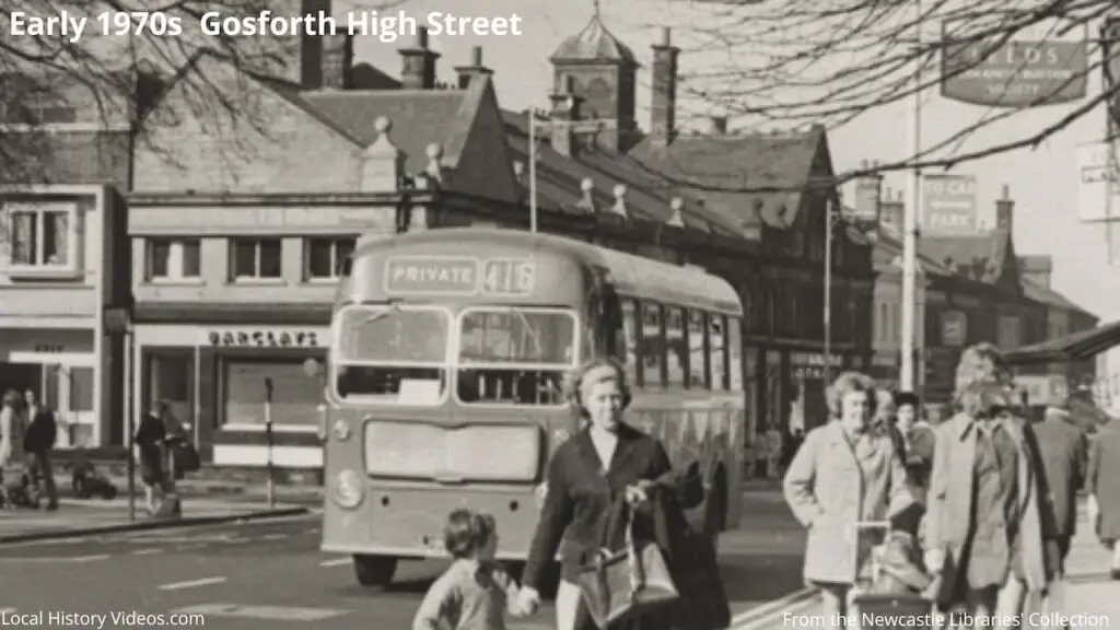 Closeup of an old photo of Gosforth High Street in the 1970s, opposite Barclays Bank