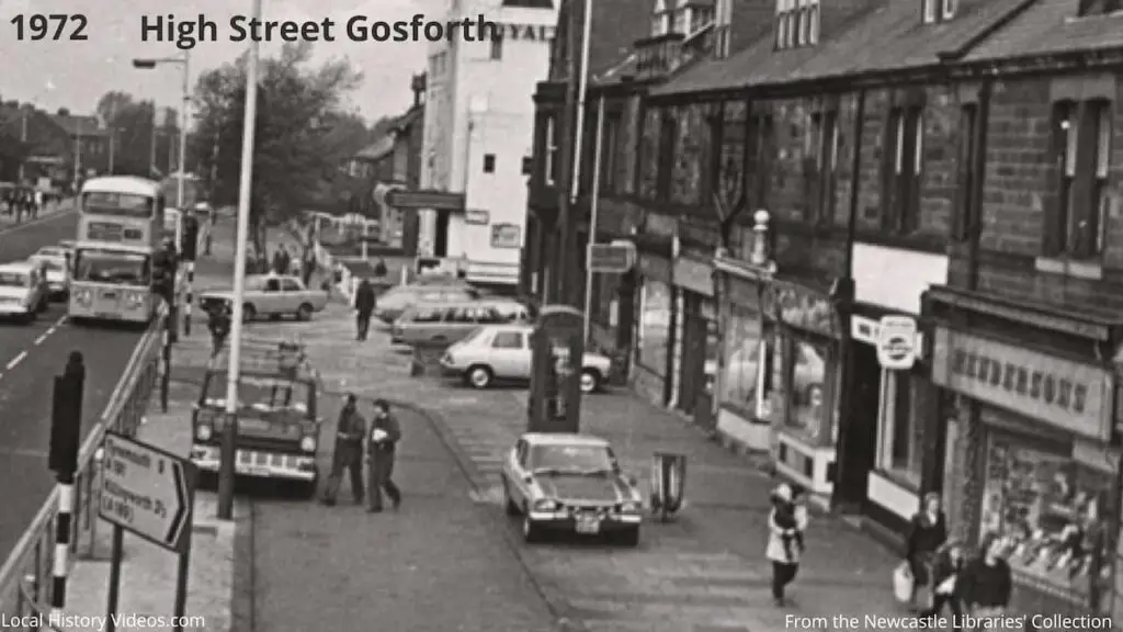 Closeup of an old photo of the Royalty Cinema and shops on Gosforth High Street, Newcastle upon Tyne, in 1972