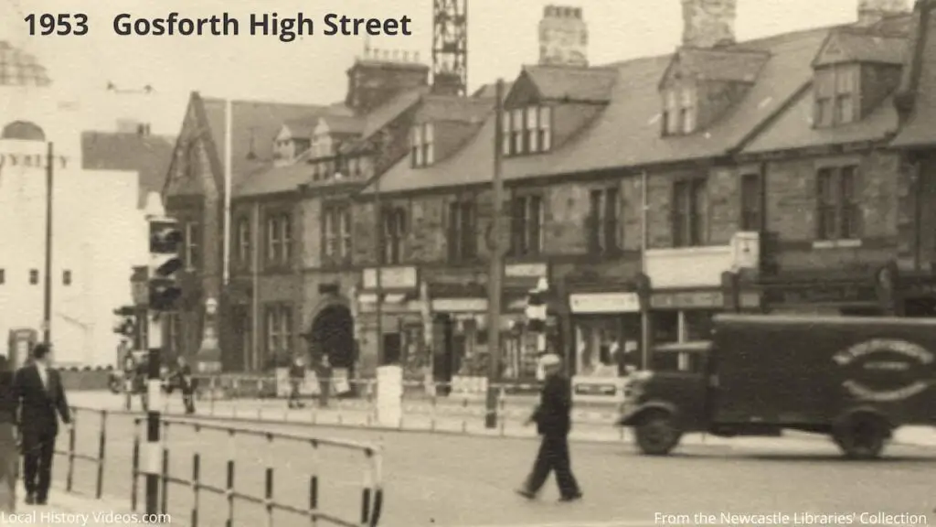 Closeup of an old photo of the junction of Gosforth High Street and Church Road in Gosforth, Newcastle upon Tyne, in 1953